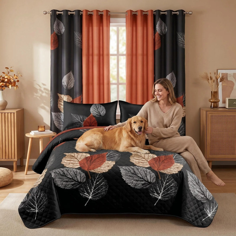 Ensemble de literie 9 pièces à feuilles noires et terre cuite avec rideaux filtrant la lumière, couvre-lit matelassé en microfibre, 2 taies décoratives et 6 panneaux de fenêtre