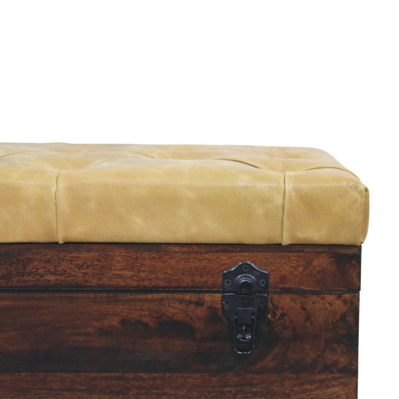 Banc de rangement en bois noyer avec cuir brun clair