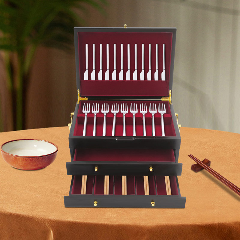 Wooden Silverware Storage Box With Handle
