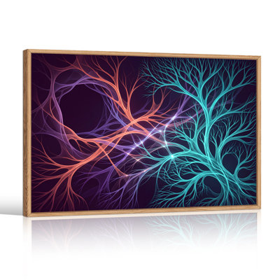 Art abstrait sur toile, branches abstraites fractales en orange et bleu sarcelle