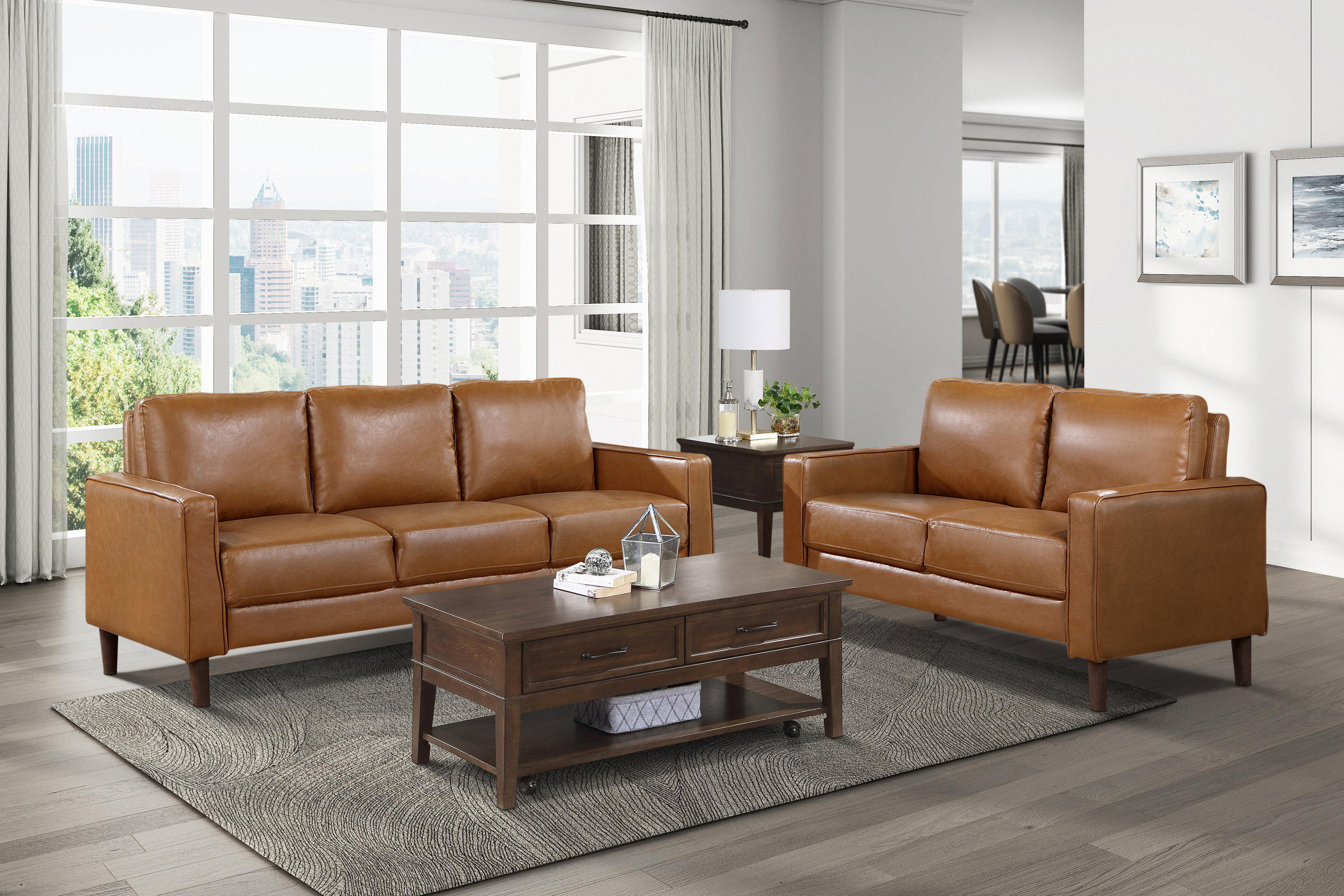 Ebern Designs Eric Faux Leather Track Arm Mid Century 2-Piece Living Room Set & Reviews | Wayfair