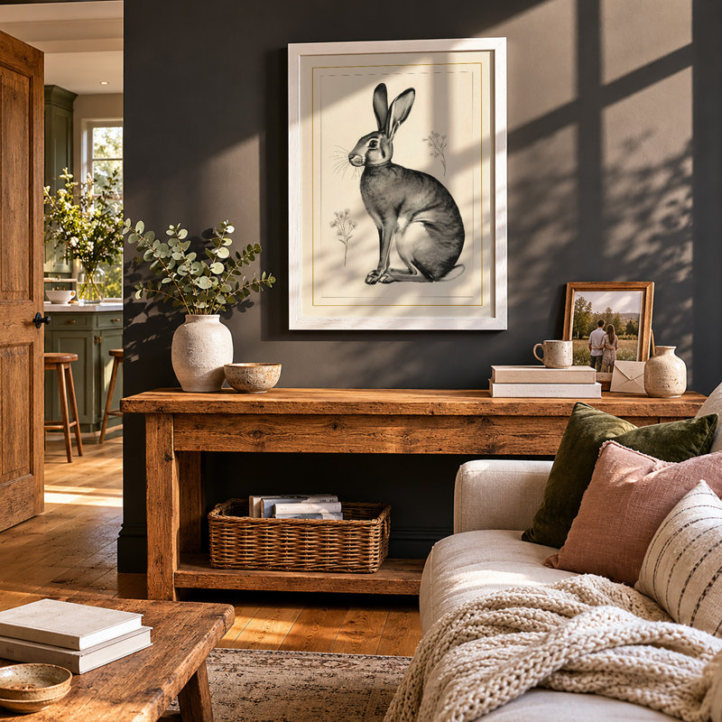 Watchful Hare Botanical - Framed Print, A2 - 59.4 x 42.0 cm, White