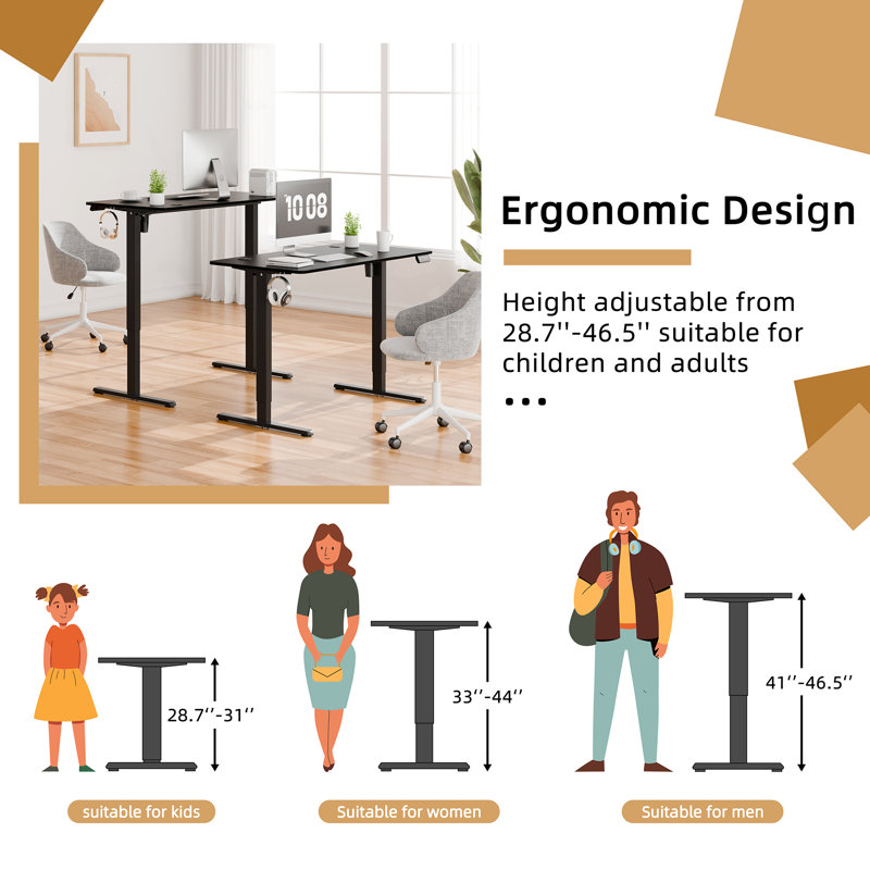Electric Adjustable Height Standing Desk, 46.5" H x 39.4" W x 23.6" D, Black / Black