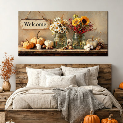 Art mural d'automne, art mural sur toile citrouille aux couleurs chaudes de la récolte, toile d'automne tendue sur châssis pour la maison de campagne, salle à manger, décoration de cuisine, 30 po x 60 po