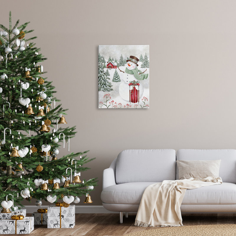 Joyeux bonhomme de neige, traîneau rouge, Holly Botanicals, estampe numérique encadrée noire, art texturé par Emma Leach