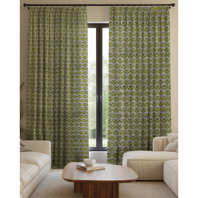 Handmade Curtain Green Floral Pattern Block Print Pinch Pleated Thick Linen Hook Drapes, Window Treatments Home Decorative 100% Blackout Curtains, Shehnaaz