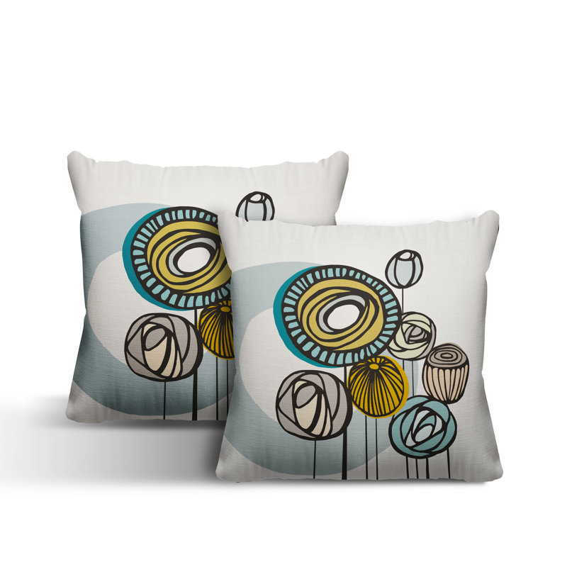  Coussin décoratif floral intérieur / extérieur réversible, L 17 po x H 17 po, Turquoise