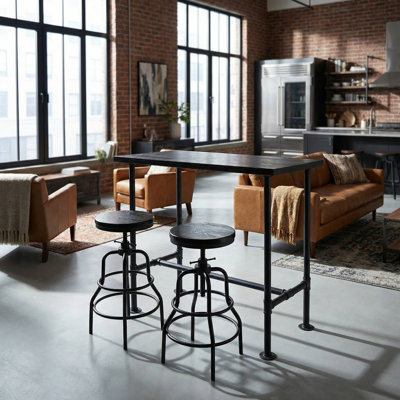 Industrial Bar Table And 2 Stools Set, Solid Pine Wood With Black Walnut Finish, Fixed Height Bar Height Table With Adjustable Stools For Kitchen, Dining Room, Home Bar & Cafe