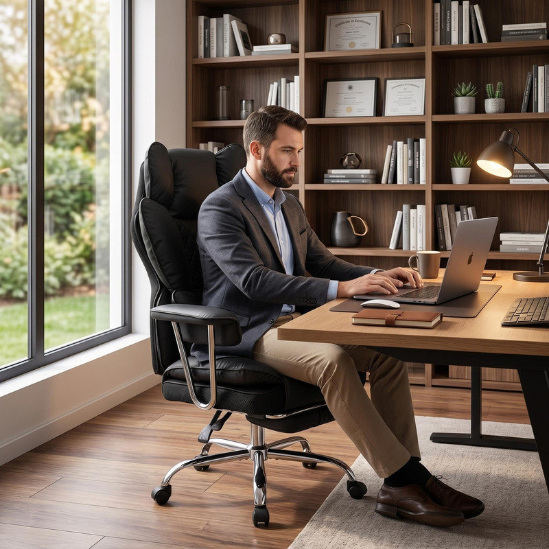 Big & Tall Ergonomic Desk Chair with Pocket Spring Seat, Adjustable Armrests, Lumbar Support, Footrest & High Back – PU Leather