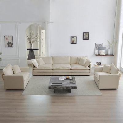 Ensemble de canapé 3, 1 + 1 + 3 sièges, ensemble de canapé de salon, fauteuil d'appoint, causeuse et canapé à trois places, ensemble de canapés à accoudoirs ronds de style moderne 3 pièces, chenille beige