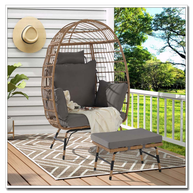 Fauteuil surdimensionné en osier avec repose-pieds et coussins épais, gris foncé, Gris foncé, Oui
