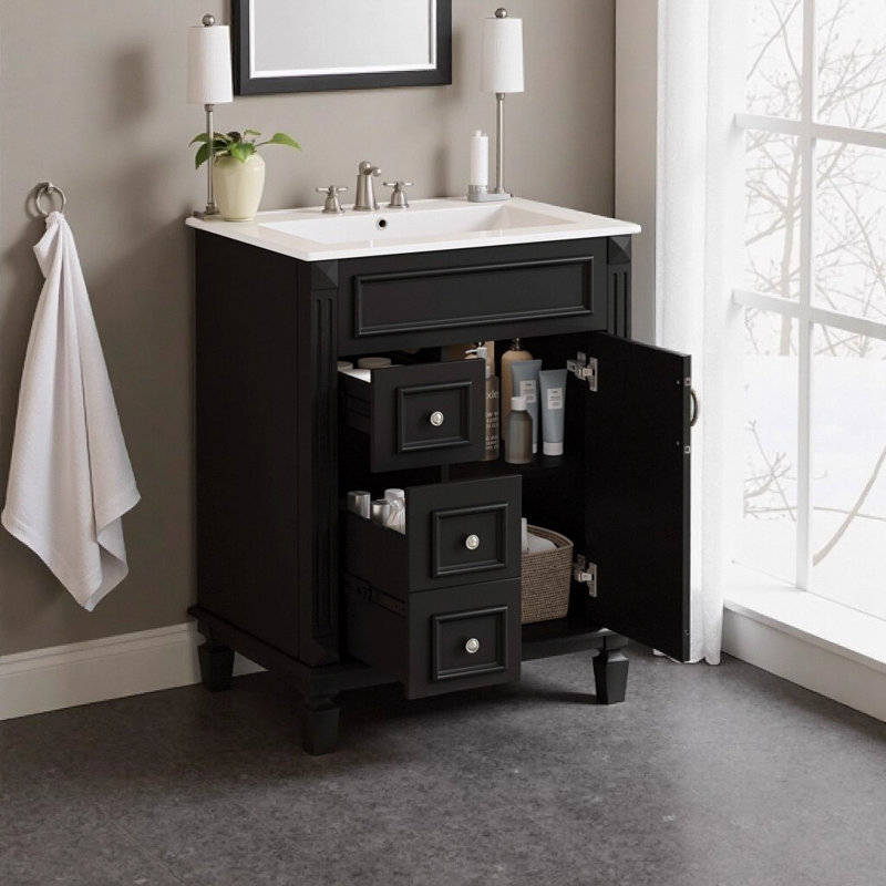 Meuble-lavabo moderne noir 24 po avec lavabo en céramique, petite armoire avec 2 tiroirs à fermeture en douceur et tablette réglable, conception d'inspiration française pour les salles de bain compactes