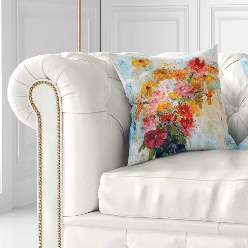Fleurs dans un vase peint - coussin à imprimé floral, 18 po x 18 po, Coussin décoratif