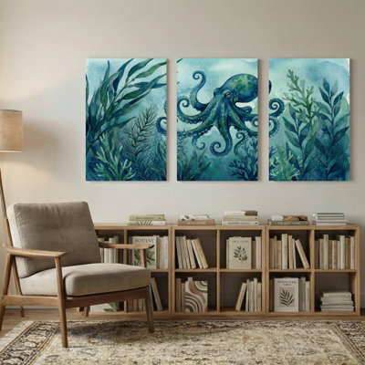 Animaux, poulpe dans l'océan avec algues, ensemble de 3 impressions sur toile