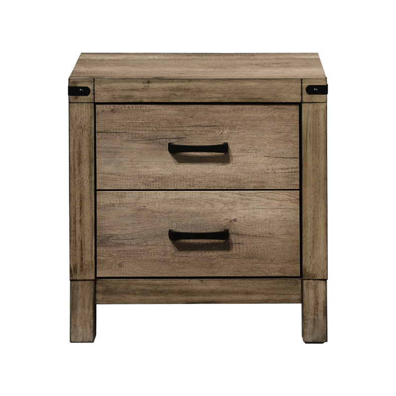 Table de chevet 2 tiroirs pour chambre à coucher - Bois massif brun rustique avec finition de bordure