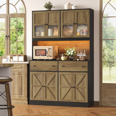 71" Kitchen Pantry with Charging Station, LED Light and Microwave Shelf, Wooden Storage Cabinet by Gracie Oaks