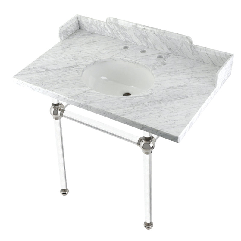 Kingston Brass Pemberton 36-Inch Carrara Marble Console Sink with Acrylic Legs (8-Inch, 3-Hole), White/Polished Nickel
