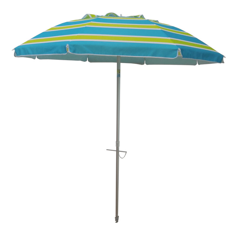 7 ft Green and Blue Striped Polyester Beach Umbrella