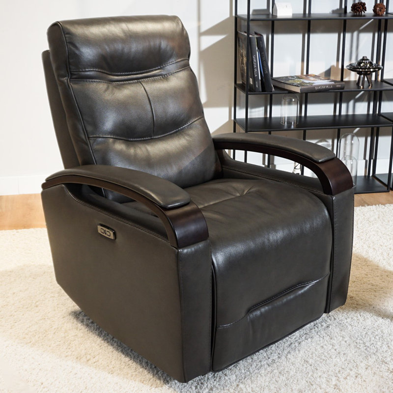 Elvina Genuine Leather Swivel Power Recliner, Grey Leather Match