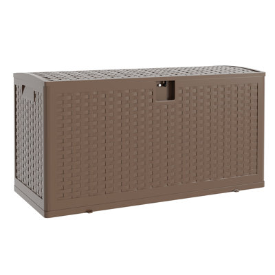 Grand coffre de rangement extérieur imperméable pour terrasse de 73 gallons - bac en résine verrouillable pour outils de jardin, coussins de patio, accessoires de piscine - conception en rotin brun