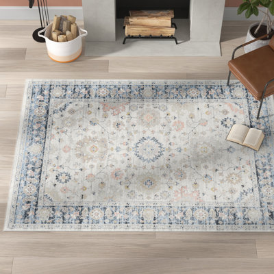 Benner Killough Moroccan Machine Washable Area Rug in Light Blue/White