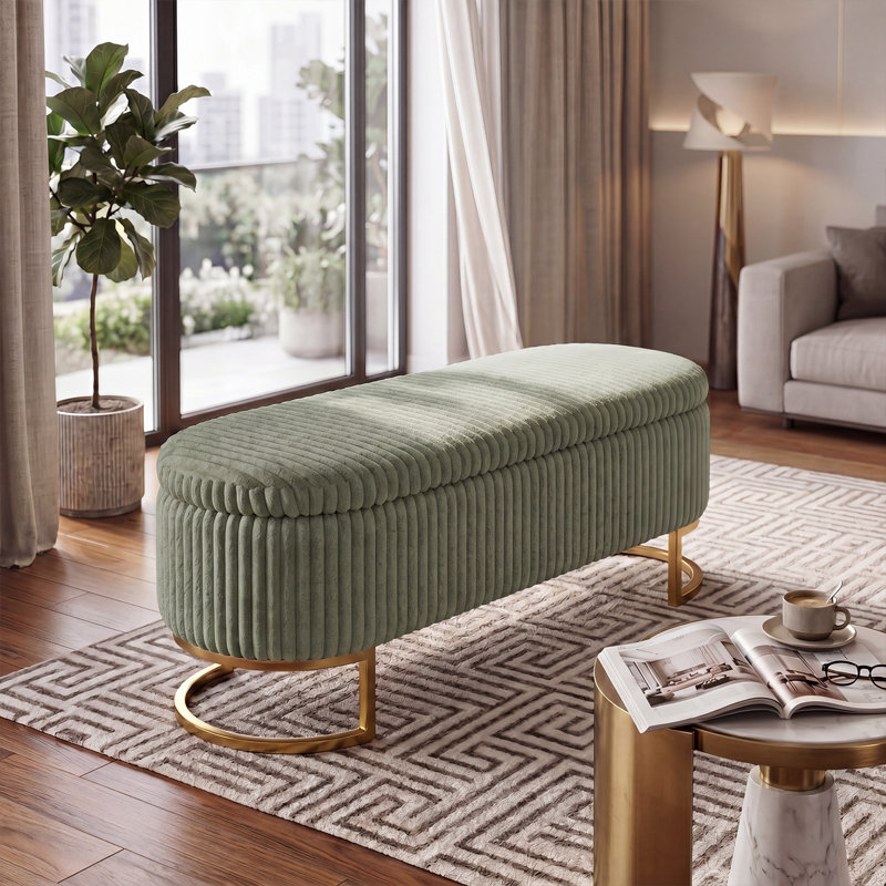 Corduroy Upholstered Storage Bench, Green, Green