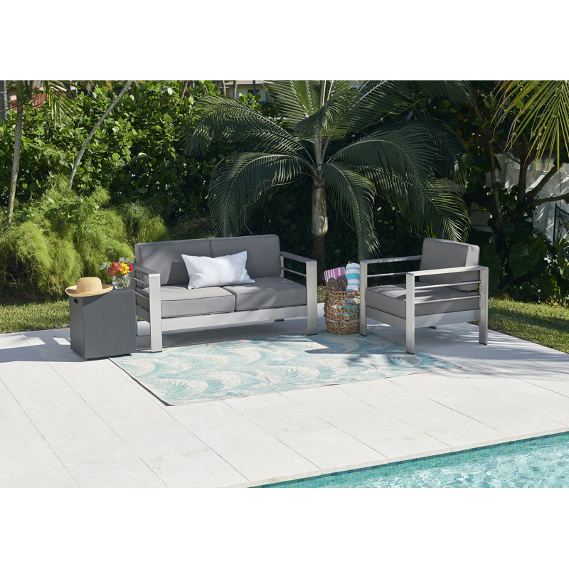 Tapis intérieur / extérieur à motif floral turquoise / beige Israël, Rectangle 4 pi 1 po x 6 pi