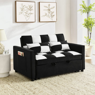 Modern Velvet Loveseat Sofa Couch  Pull Out  Bed,3 In One Convertible For Living Room Sofa Bed,Black White -  Everly Quinn, 03C0F5E9114A4EE4949908F6E9180C6D