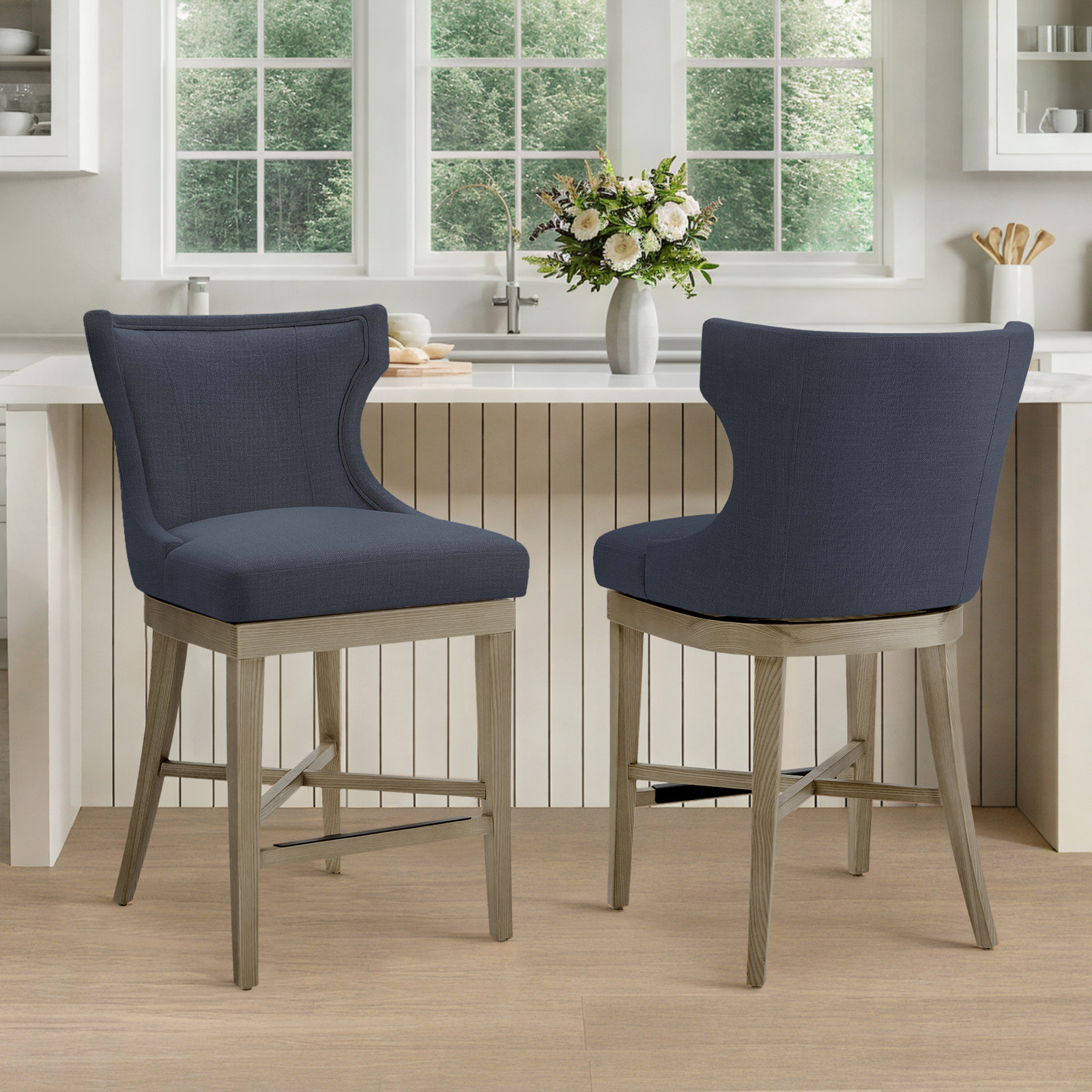 Willow Upholstered Swivel Barstool, Effie Indigo Linen