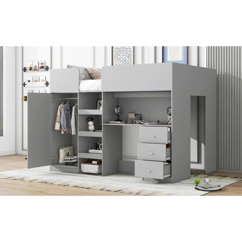 Lit mezzanine gris avec armoire intégrée, bureau, tablettes de rangement et bureau double en bois compact - Mobilier de chambre à coucher