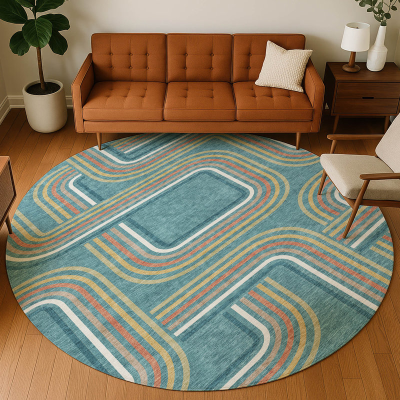 Machine Washable Indoor/Outdoor Chantille ACN2535 Geometric Rug, Teal, Round 8'