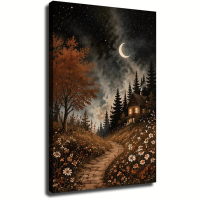 Canvas Wall Art, Night Cottage On Hill With Crescent Moon And Wildflowers, Dark Academia Autumn Landscape Print, Framed Artwork For Bedroom Wall Decor