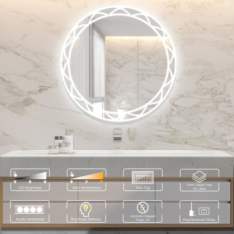 Miroir rond de salle de bain à DEL - températures de couleur réglables et conception murale antibuée, 30 po x 30 po