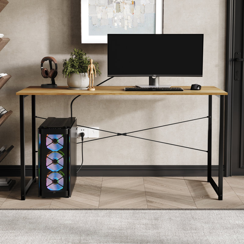 Bureau d'écriture en métal 55 pouces, H 29,33 po x l 55,12 po x P 19,68 po, Chêne clair