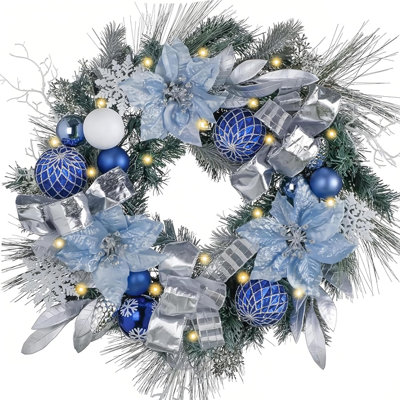  24'' Pre-Lit Christmas Wreath for Front Door with Lights, Collapsible Lighted Outdoor Christmas Wreath with Silvery Blue Xmas Balls Ribbons for Home Porch Fireplace Window Holiday Decor
