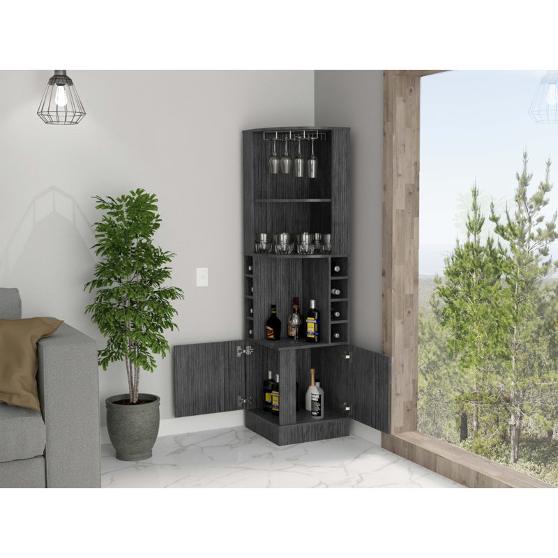 Armoire de coin Syrah, huit casiers à bouteilles, double porte, deux tablettes ouvertes - chêne Smokey