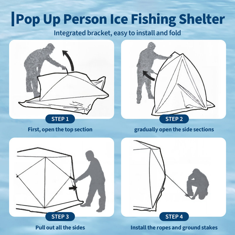 Abri de pêche sur glace Pop Up, bande lumineuse à DEL de 49 pi, moyeu portatif coupe-vent, surface de travail de 69 pieds carrés