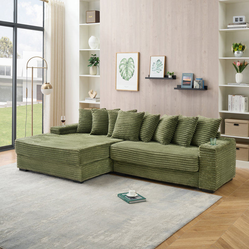 111" Sofa with cup holders reversible chaise lounge, Green Corduroy