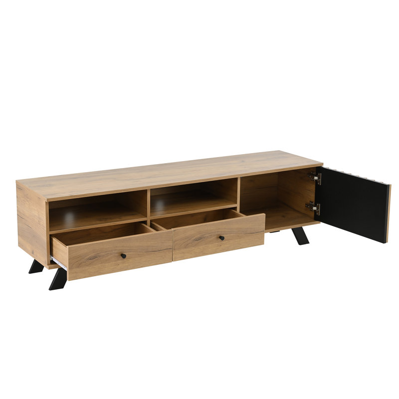 Meuble télé Ravello de 59 po avec tiroirs, tablettes ouvertes et finition grain de bois Ravello