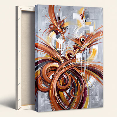 Tableau abstrait tourbillonnant orange et rouille sur toile grise
