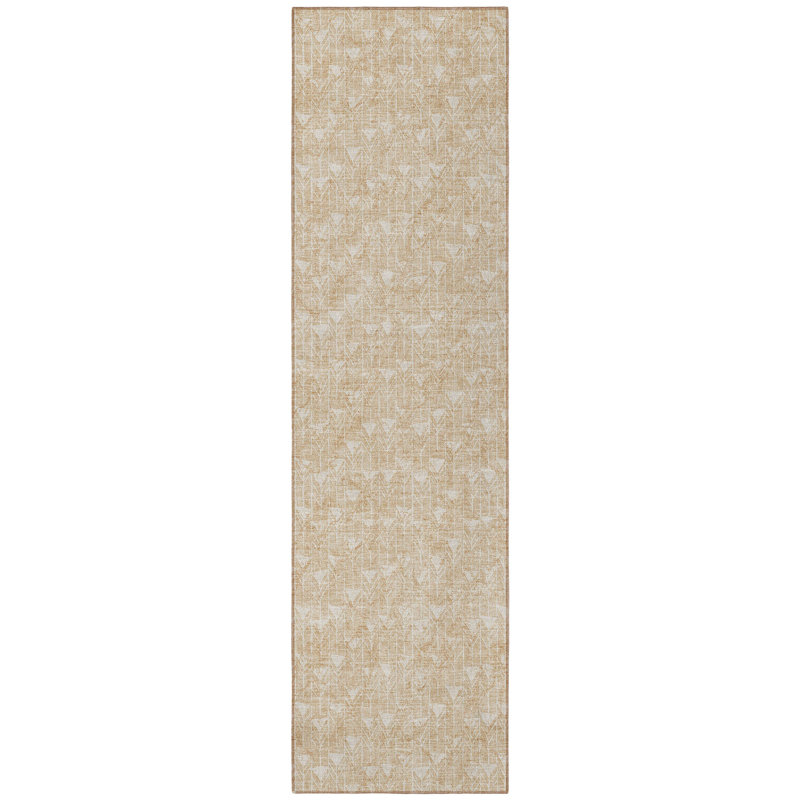 2' X 8' Beige Geometric Washable Indoor Outdoor Runner Rug