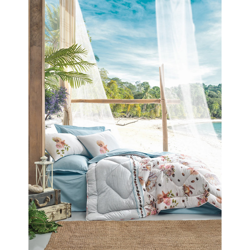 Ensemble de housse de couette 100% coton bleu / blanc / rose 5 pièces