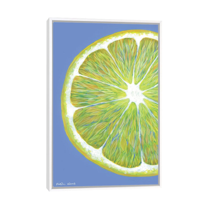 Lemon Slice On Blue by Kirstin Wood - Painting on Canvas, White Framed Canvas, 101.6 cm H x 66.04 cm W