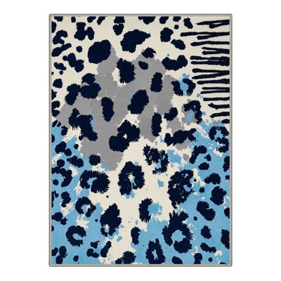Machine Washable Animal Print Blue / Black Area Rug With Non-Slip Backing