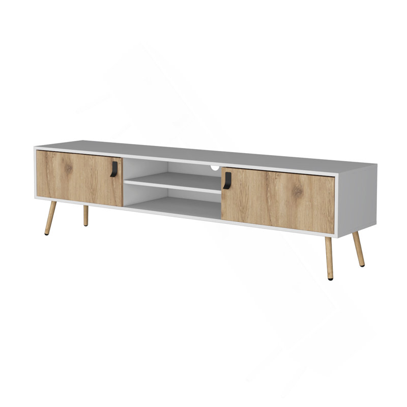 Élégant meuble télé blanc et Macadamia avec 2 tiroirs à charnières, des tablettes ouvertes et une gestion des câbles pour une vie moderne.