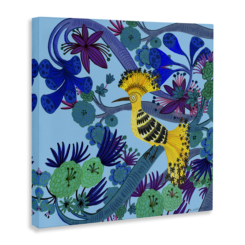 Oiseau jaune fantaisiste et toile de fleurs, design par Kay Widdowson, H 17 po x l 17 po