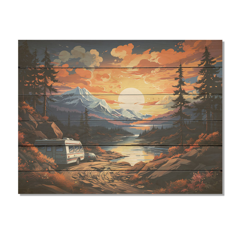 «Camping Van Charm At Sunset», art mural en bois de camping sur bois de pin naturel, H 10 po x l 20 po