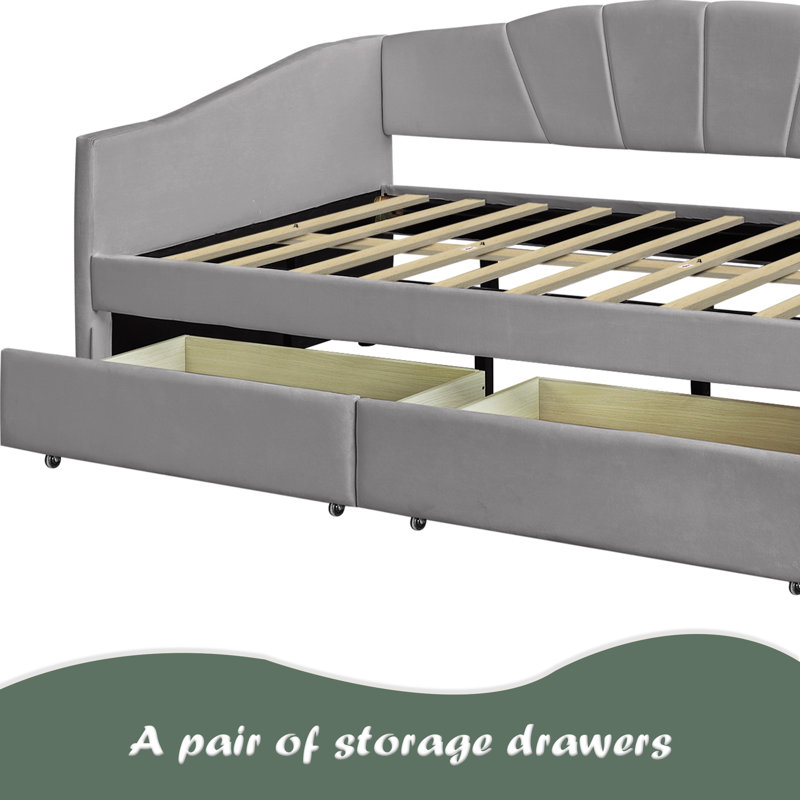 Upholstered Daybed Twin Size With Two Drawers, Gray