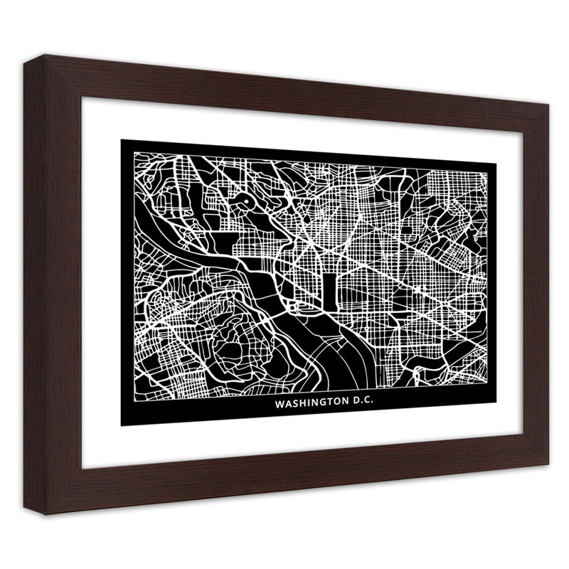 Washington Dc City Map - Single Picture Frame Print, 60cm H x 90cm W, Brown