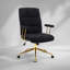 Chaise de bureau moderne en tissu bouclé texturé noir et or, réglable en hauteur, avec accoudoirs rembourrés pour un confort optimal.